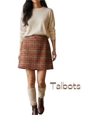 Talbots Burgundy Brown Cream Wool Blend Plaid Skirt NWOT Size 8P
